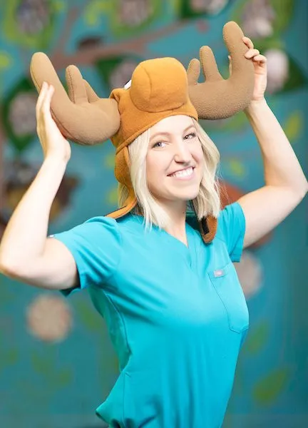 Jill wearing a moose hat